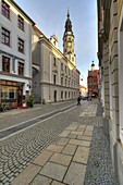 Brüderstraße from upper markettowards lower market with city hall tower in the European City of Görlitz, Saxony, Germany