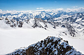 Aerial view of alpine skiers on Mount Dosegu, Stelvio National Park, Valtellina, Valfurva, Lombardy, Italy, Europe