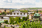 Prague cityscape looking down the Vltava River, Prague, Czech Republic, Europe