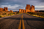 View of Courthouse Towers, The Organ and Three Gossips at dawn, Arches National Park, Utah, United States of America, North America
