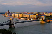 View of Pest, the Danube River and the Chain bridge Szechenyi hid, from Buda Castle, Budapest, Hungary, Europe