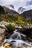 Los Cuernos and a waterfall in Torres del Paine National Park Parque Nacional Torres del Paine, Patagonia, Chile, South America