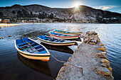 Boats in the harbour on Lake Titicaca at Challapampa village, Isla del Sol Island of the Sun, Bolivia, South America