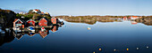Red fishermen's huts and islands in archipelago, Stocken, Orust, Bohuslan Coast, Southwest Sweden, Sweden, Scandinavia, Europe
