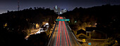 Aerial view of traffic on highway in Los Angeles cityscape, California, United States