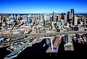 Aerial view of Seattle waterfront and cityscape, Washington, United States