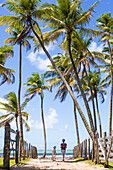 Woman and child on their way to the beach, Palm trees, Atlantic ocean, paradise, Boipeba, Bahia, Brasil