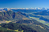 View towards Karwendel, valley of Inn, Tuxer Alps and Zillertal Alps, view from Hohe Munde, Hohe Munde, Mieming Range, Tyrol, Austria