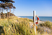 Life buoy, near the beach, dream beach between Strandmarken und Dueodde, summer, Baltic sea, MR, Bornholm, Strandmarken, Denmark, Europe