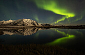 Northern Lights (aurora borealis) over the Dempster Highway and reflected into a pond, Yukon, Canada