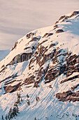 Snow covered peaks and sparse evergreen trees bathed in sunset light, Kings Bay, Prince William Sound, Whittier, Alaska, United States of America