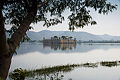 Jal Mahal palace on Man Sagar Lake through the trees, Dharpatha Mal, Madhya Pradesh, Inda