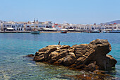 Boats and whitewash buildings in the bay, Mykonos, Greece
