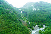 A view of waterfalls and forest from the Flam Railway, Flamsbana, Flam, Norway, Scandinavia, Europe