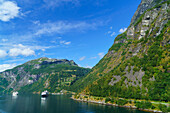 Cruiseships moored at the head of Geirangerfjord by the village of Geiranger, UNESCO World Heritage Site, Norway, Scandinavia, Europe