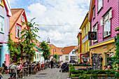 Ovre Holmegate, a colourful street of shops and cafes in the centre of Stavanger, Norway, Scandinavia, Europe