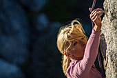 Female rock climber in Phantom Spires, Tahoe, CA