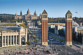 Venetian Towers on Plaça d'Espanya and National Art Museum of Catalonia, Barcelona, Spain