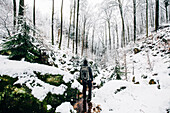 Hiker standing in the snow-covered Palatinate Forest, Anweiler, Palatinate Forest, Rhineland-Palatinate, Germany