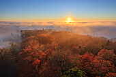 Palatinate Forest covered in fog, view from Luitpoldturm at sunset, Palatinate Forest, Rhineland-Palatinate, Germany