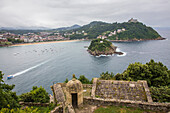 la concha bay and monte igueldo seen from monte urgull with fortifications of la mota castle, san sebastian, donostia, basque country, spain