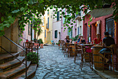 terrace of a cafe on the street rue des treilles, houses with colourful facades, town of collioure, (66) pyrenees-orientales, languedoc-roussillon, france