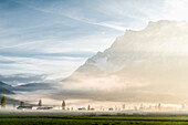 Zugspitze in the mist, Morning mood, View from Ehrwald, Mieminger Range, Zugspitze, Alps, Tyrol, Austria
