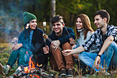 Smiling friends roasting marshmallows in forest