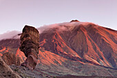 Los Roques de Garcia at Caldera de las Canadas, Pico de Teide at sunset, National Park Teide, UNESCO World Heritage Site, Tenerife, Canary Islands, Spain, Europe