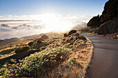 Road at the south coast at sunset, near Orchilla Volcano, UNESCO biosphere reserve, El Hierro, Canary Islands, Spai, Atlantic, Europe
