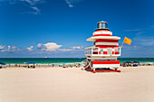 Art Deco style Lifeguard hut on South Beach, Ocean Drive, Miami Beach, Miami, Florida, United States of America, North America