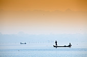 Fishermen on Taungthaman Lake near Amarapura, Mandalay, Myanmar Burma, Southeast Asia