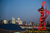 The Arcelormittal Orbit Tower in Queen Elizabeth Olympic Park at dusk, Stratford city, London, United Kingdom, Europe