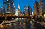 Along the Chicago River at dusk, Downtown Chicago, Illinois, United States of America, North America