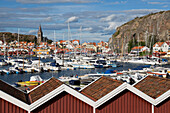 View over harbour and Vetteberget cliff, Fjallbacka, Bohuslan Coast, Southwest Sweden, Sweden, Scandinavia, Europe