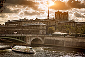 Buildings and bridge over river in Paris, Ile-de-France, France