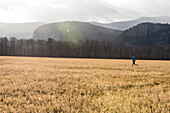 Lone runner in a filed with clouds and mountains in the background