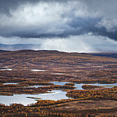 Islands and autumn colors of lake Tärnasjön, Kungsleden trail, Lapland, Sweden