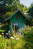 private garden with summer flowers, Meersburg, Lake Constance, Baden-Württemberg, Germany