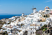 Blick auf die am Hang gelegenen traditionell gebauten weißen Häuser und die Windmühle, im Hintergrund das Mittelmeer mit der Nachbarinsel, Oia, Kykladen, Santorini, Griechenland