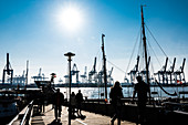 Besucher auf der Brücke vom Museumshafen Oevelgönne vor der Kulisse des Hamburger Hafens mit Kränen des Containerterminals Burchardkai, Oevelgönne, Hamburg, Deutschland