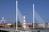 Lighthouse Malmö at the inner harbour with bridge Universtetsbron, Malmö, Skane, South Sweden, Sweden, Scandinavia, Northern Europe