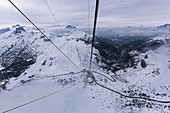 View out of the Lagazuoi cable car, near the Refugio Lagazuoi, mountain hut, located in the area of the Falzarego mountain pass, Bellunesi Dolomites, Unesco world heritage, Italy