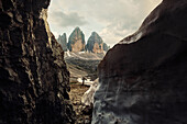 Beneath the Dreizinnen mountain hut, view towards Tre Cime di Lavaredo, Sexten Dolomites, Unesco world heritage, Italy