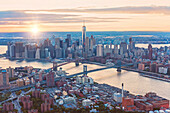 Aerial view of New York City skyline and sunset, New York, United States