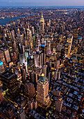Aerial view of New York cityscape at dusk, New York, United States