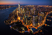 Aerial view of New York cityscape at night, New York, United States
