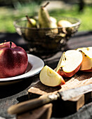 Sliced apple on outdoor table