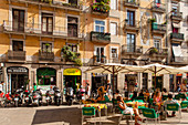 Placa George Orwell with restaurant Vegetalia, Carrer del Escudellers, Barri Gotic, gothic quarter, Ciutat Vella, old town, Barcelona, Catalunya, Catalonia, Spain, Europe