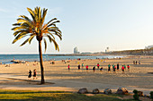Strandleben, Platja de Barceloneta, Platja de Somrrostro, Strand, beim Port Olimpic, Barceloneta, Barcelona, Hotel W Barcelona, Katalonien, Spanien, Europa